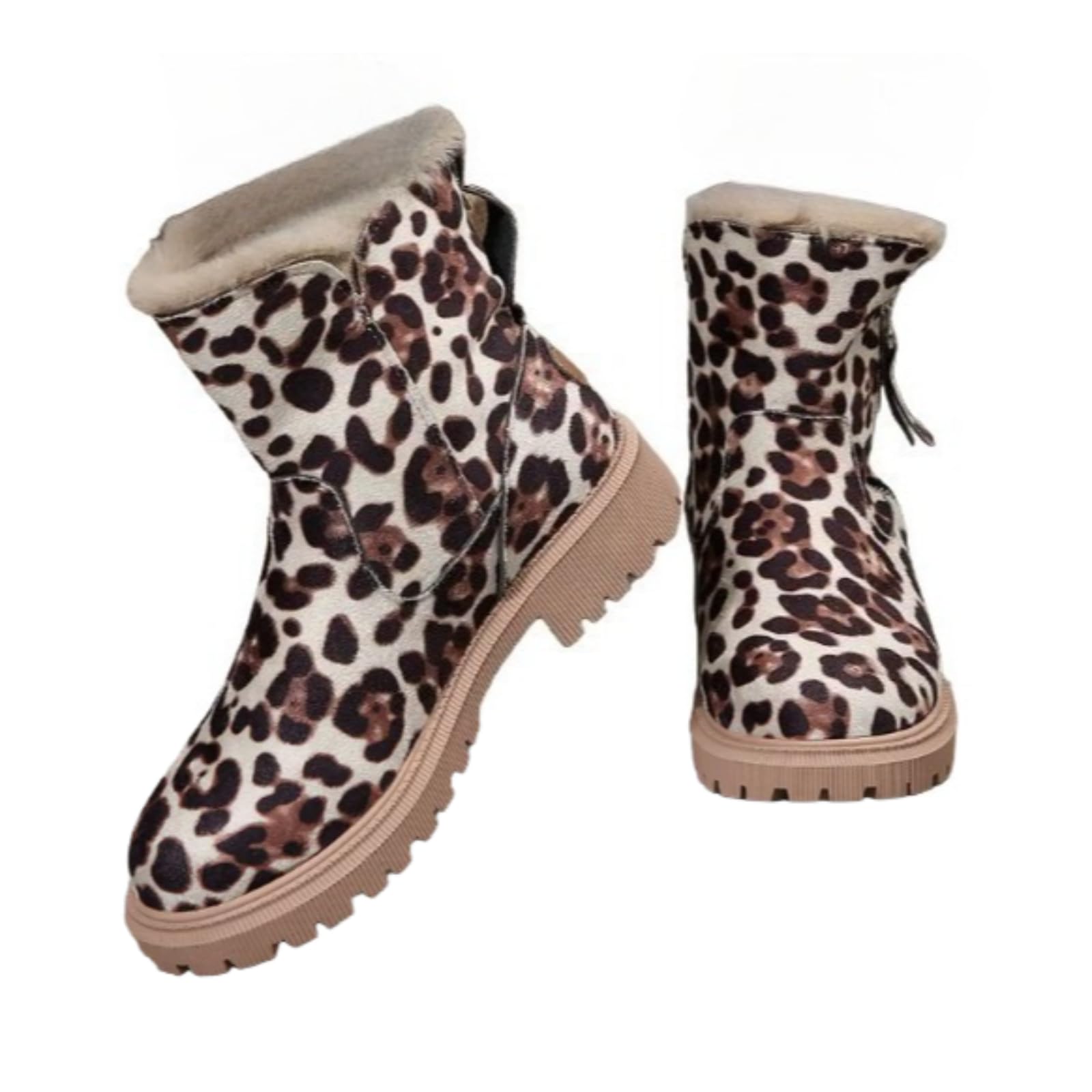 Womens Leopard Winter Snow Boots Suede Faux Leather Short Winter Shoes Side Zipper Non-Slip Warm Plush Round Toe