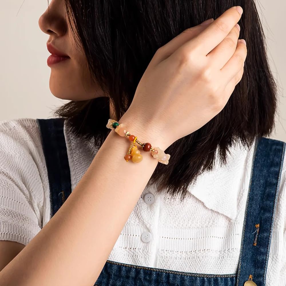 Bracciali, Braccialetti da Donna, Bracciale Feng Shui in Giada Gialla per Donna Bracciale in Filo d'oro Genuino Campana di Giada con Fiore di Orchidea Adatto per 14-16 cm