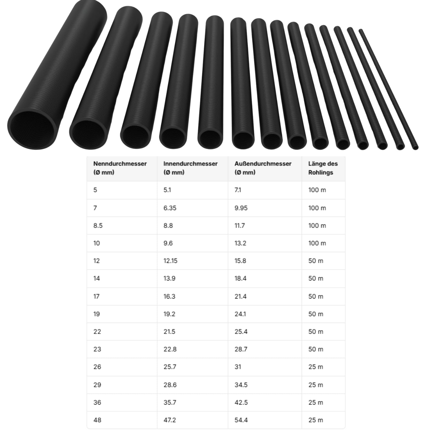 ISTA Tubo corrugato non scanalato, 25/50/100 m, per cavo di terra/tubo corrugato, resistente ai raggi UV/tubo di protezione del cavo/tubo nero (100 m, Ø 8,5 mm interno)