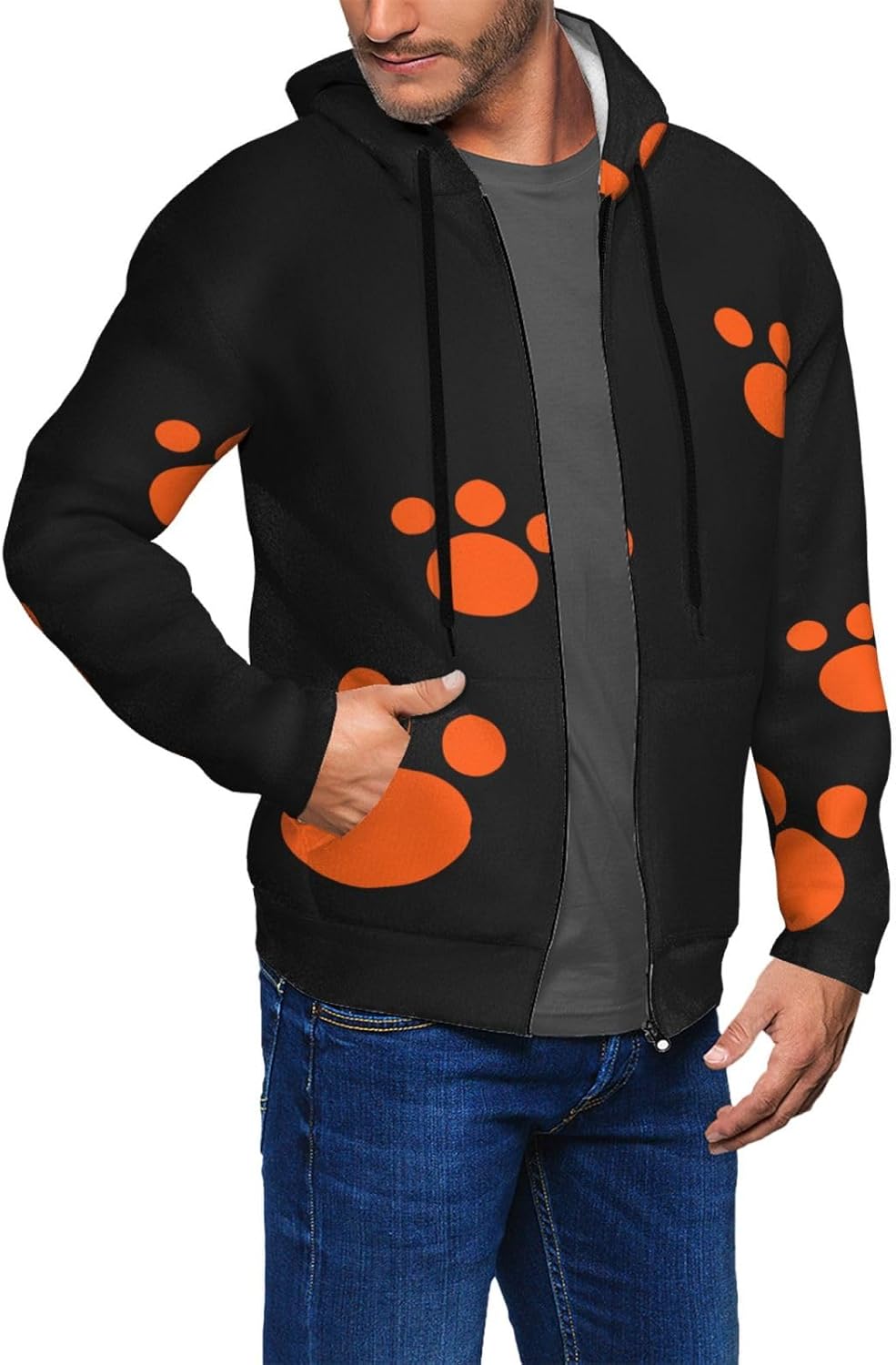 パーカー メンズ 長袖 オレンジ 猫柄 猫爪 秋服 冬服 厚手 ジップ トレーナーカジュアル トップス フード付き スウェット