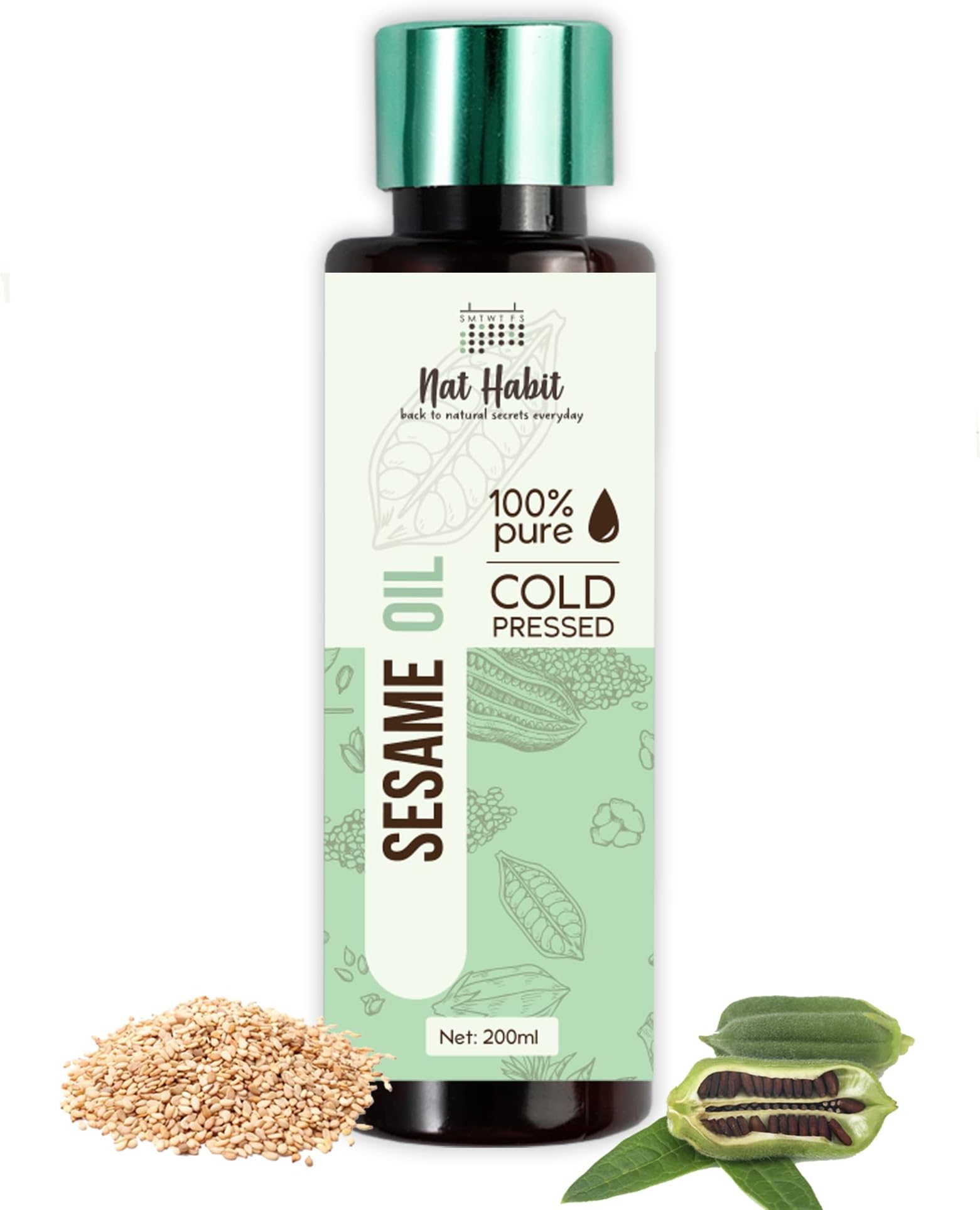 Nat Habit Cold Pressed 100% Pure Sesame (Til) Oil for Skin, Body Massage Oil for Deeply Moisturized Skin, 200ml
