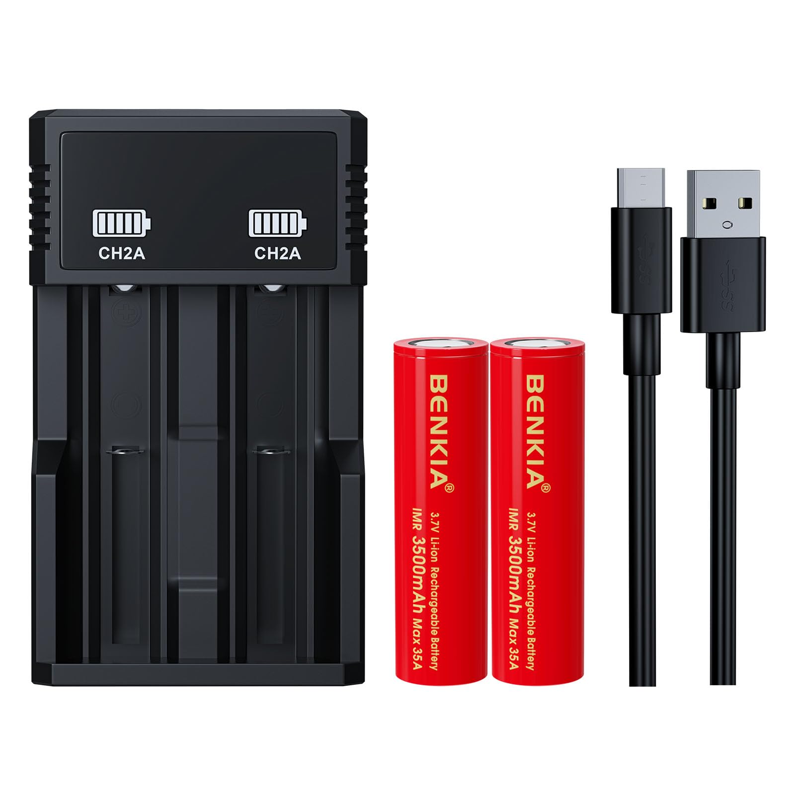 3.7Volt Rechargeable Battery 18650 3500mAh High Capacity Flat Top for Headlamps Flashlights(2 Pack,18650 Battery+Charger)