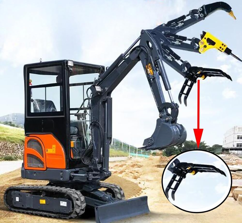 Excavator with hydraulic thumb and breaker attachment