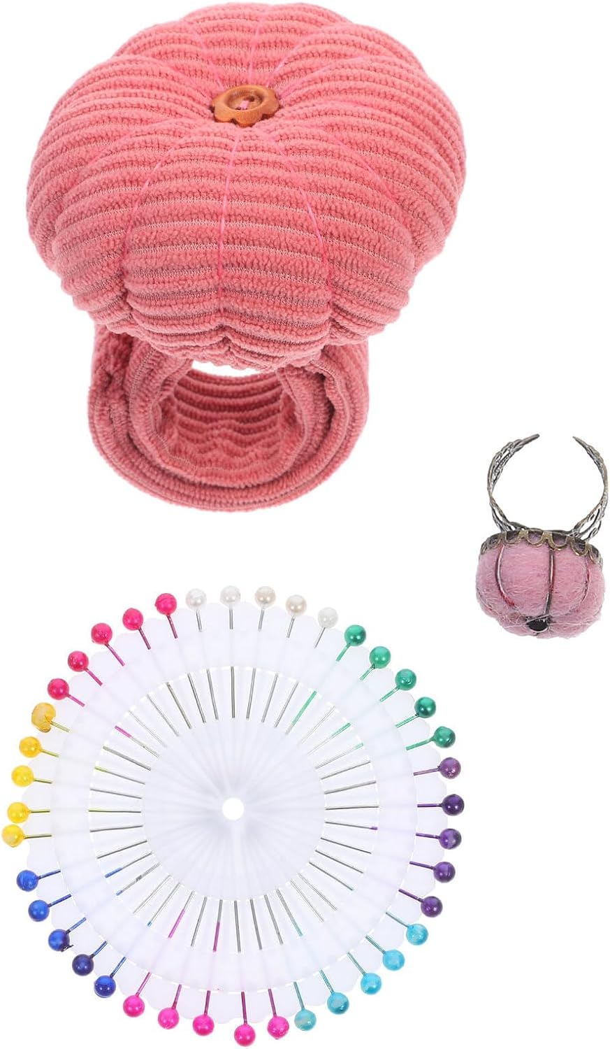 Anneome Pumpkin Shaped Wrist Pin Cushion and Ring Needle Holder Set for Sewing and Quilting, Pink Corduroy Fabric Snap Bracelet Pincushions for DIY Crafts and Needlework