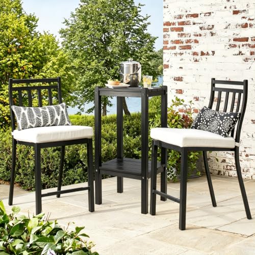Image of Bar Height Outdoor Side Table with Shelf - All-Weather HDPE End Table with Realistic Wood Grain, 36 inch Height for Patio & Deck (Black)