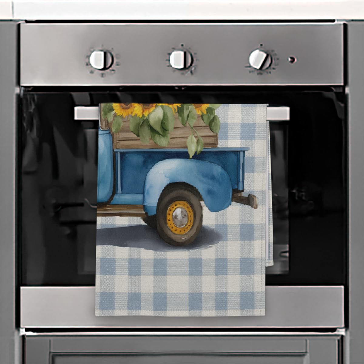 Paños de cocina a cuadros azules con diseño de girasol de verano de 45 x 72 cm, paños de cocina suaves y absorbentes de microfibra de secado rápido para decoración del hogar, paquete de 6
