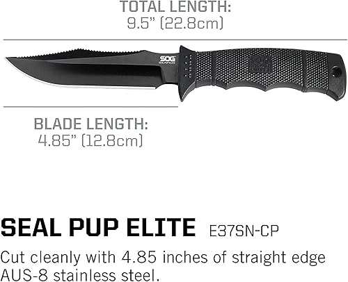 Vista 15 de SOG SEAL Cuchillo de hoja fija Pup Elite E37T-CP - negro, TiNi 4,85 pulgadas, hoja AUS-8 parcialmente serrada, mango GRN, funda rígida de nylon.
