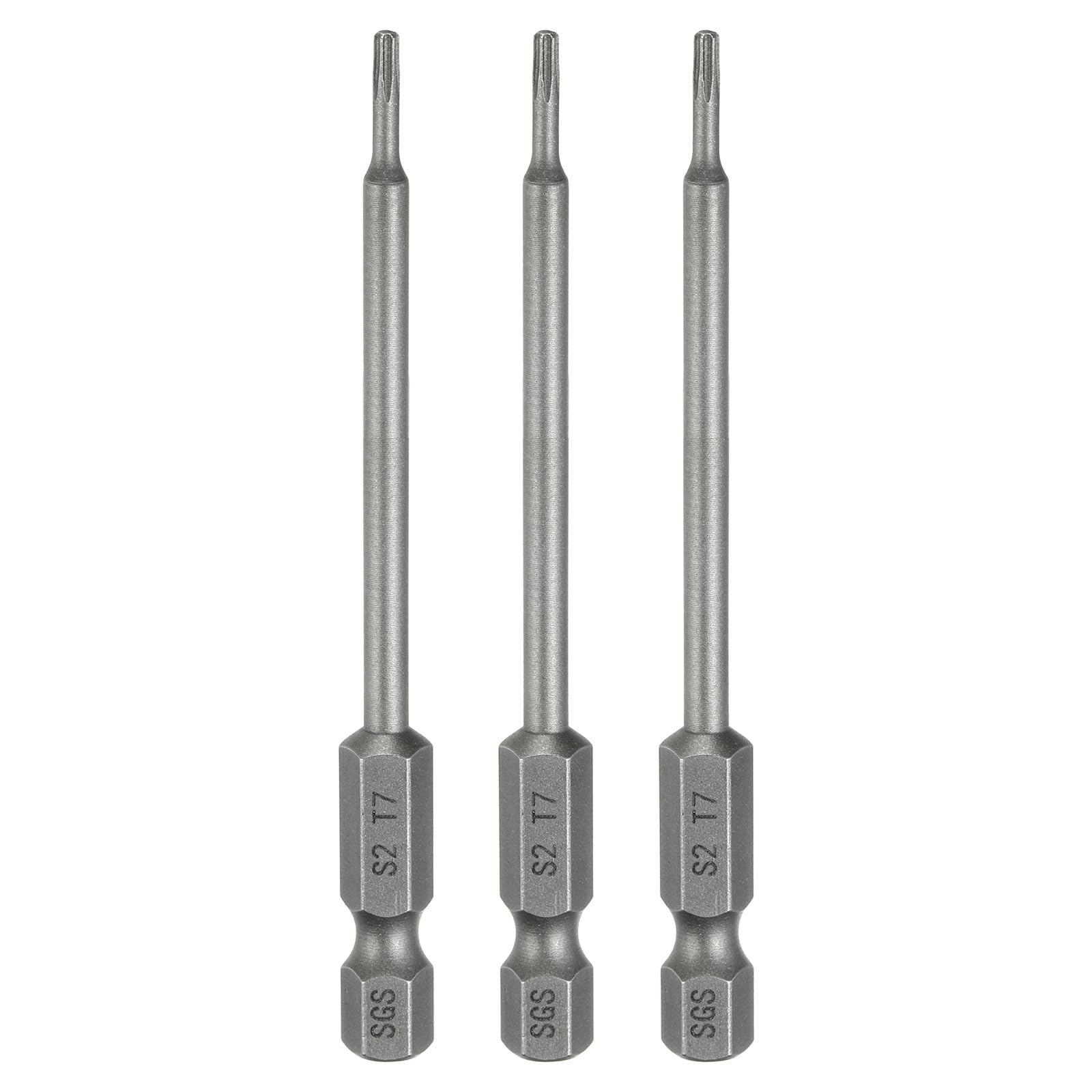 sourcing map 3pcs T7 Torx Head Screwdriver Bit 1/4" Hex Shank 3.15" (80mm) Long Magnetic No Hole Tip Tamper Proof 6 Point Star Screw Driver Drill Bits S2 Steel Industrial Power Screwdrivers