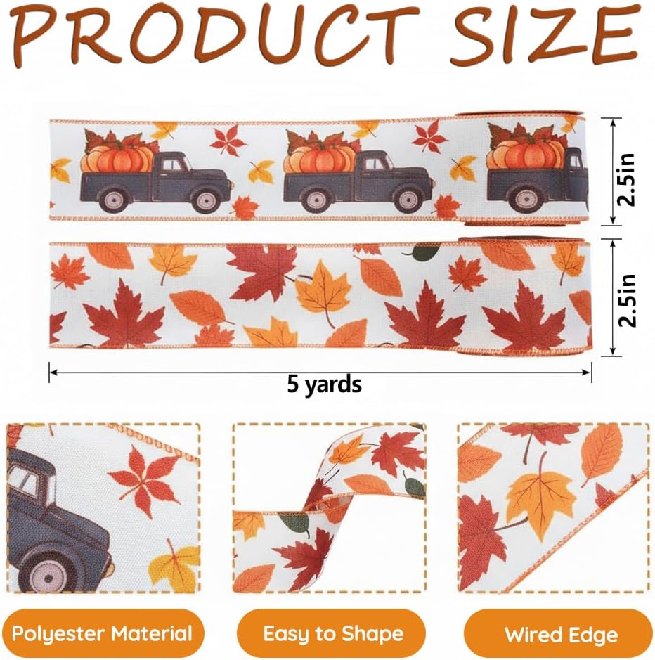 2 Rolls 10 Yards Fall Ribbon for Crafts Gift Wrapping Wreath Bows Autumn Leaves Truck Orange Burlap Wired Ribbons for Thanksgiving, Christmas, Party, Home, Festival, Decoration Supplies 2.5‘’ image 2