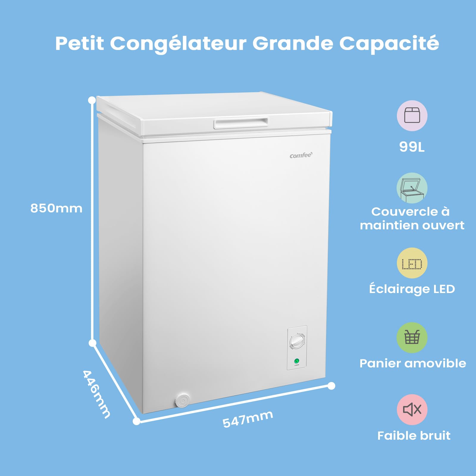 COMFEE' RCC102WH2EU(E) Congélateur coffre 99L, conversion congélateur/réfrigérateur, compresseur inverter, classe 4 étoiles, blanc