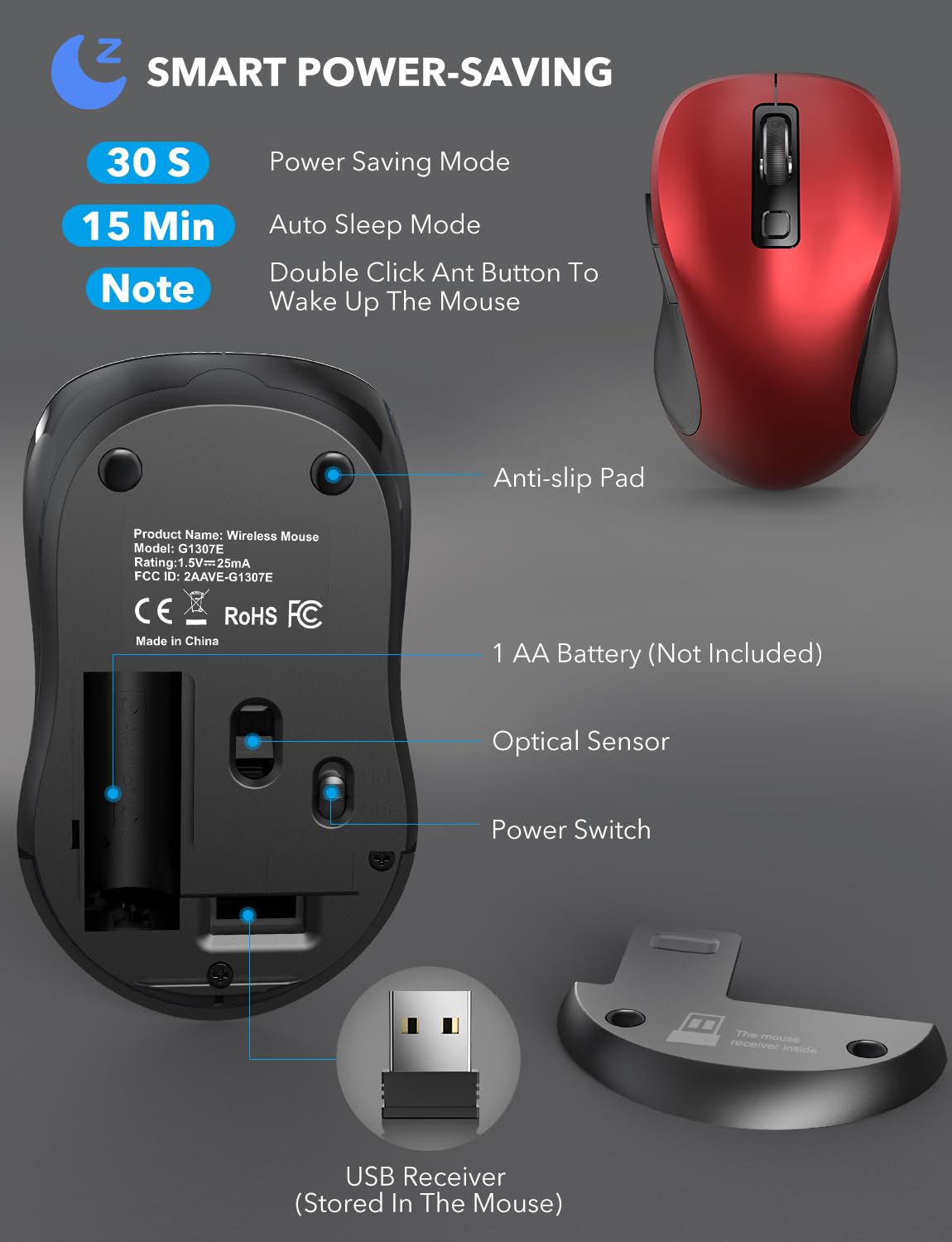 Trueque Bezprzewodowa mysz do laptopa, ergonomiczna mysz komputerowa 2,4 GHz z przyciskami do tyłu i do przodu, 3 regulowane poziomy DPI, 6 przycisków, optyczne myszy bezprzewodowe USB do komputera z