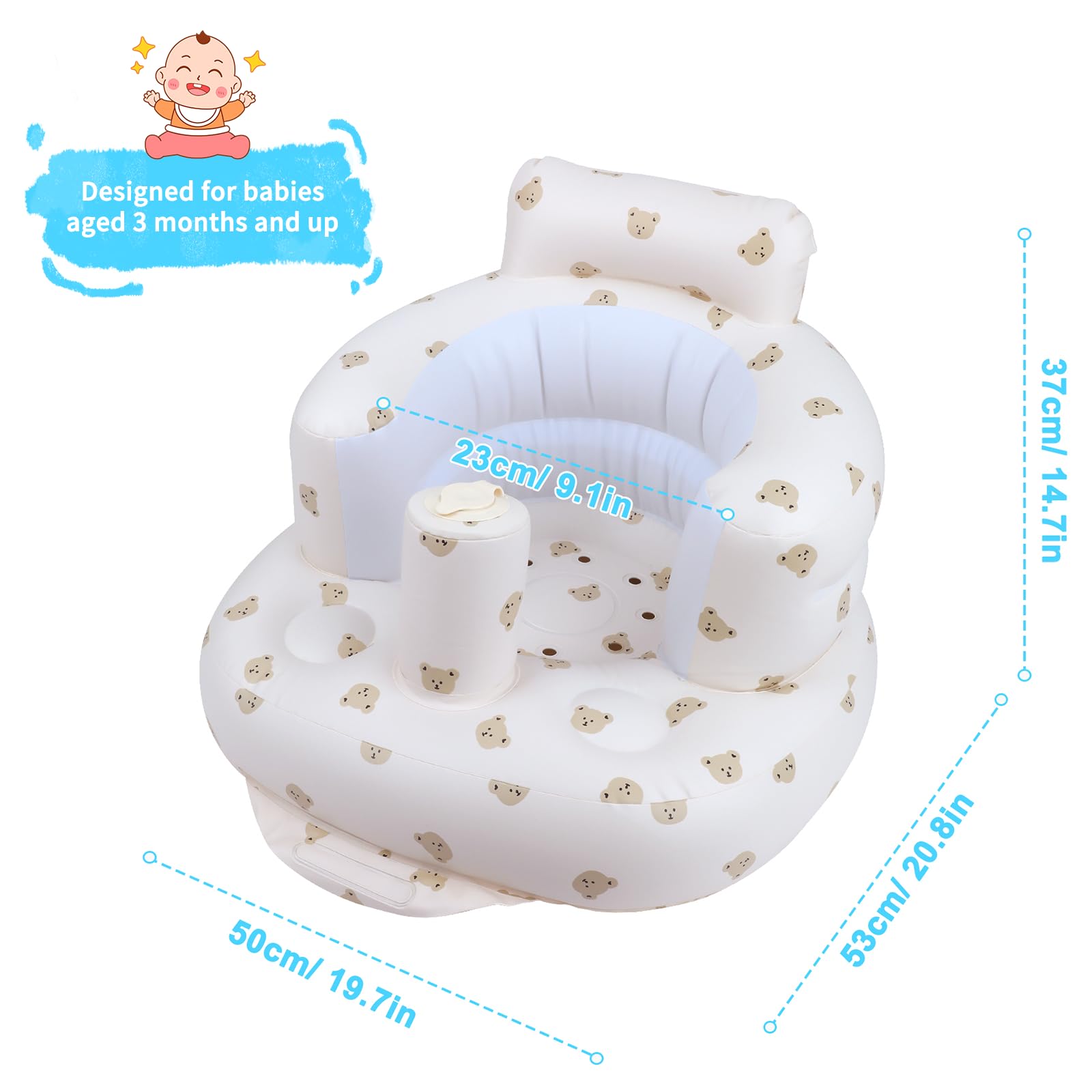 Inflatable Baby Seat for Babies 3 Months and Up, Toddler Floor Seats for Sitting Up, Built in Air Pump Baby Seats for Kids, Blow Up Baby Chair with Back Support - Cute Bear