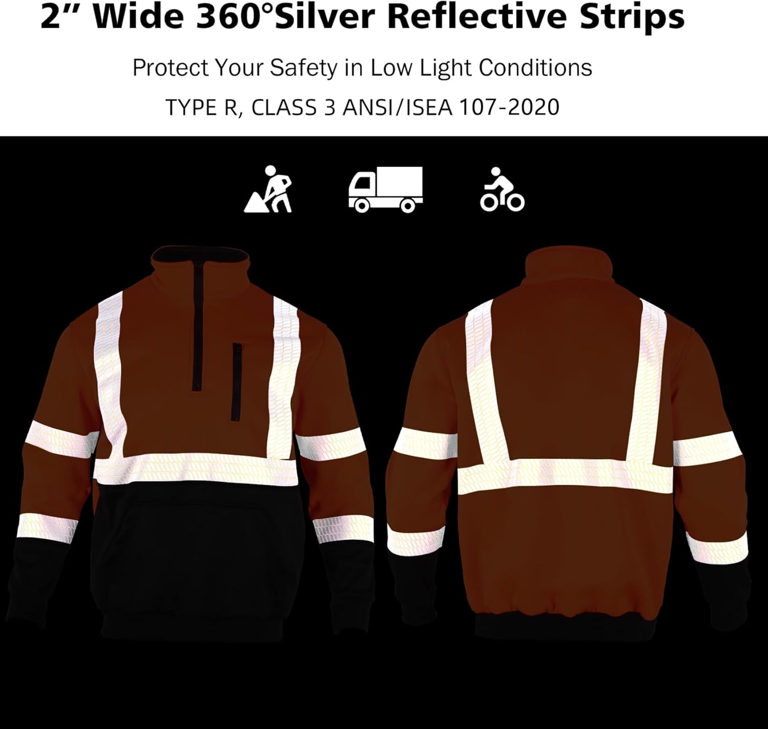 VENDACE Hi Vis Safety Reflective Sweatshirt for Men ANSI Class 3 High Visibility Fleece 1/4 Zipper Jacket No Hood (Orange,2XL) - Image 6