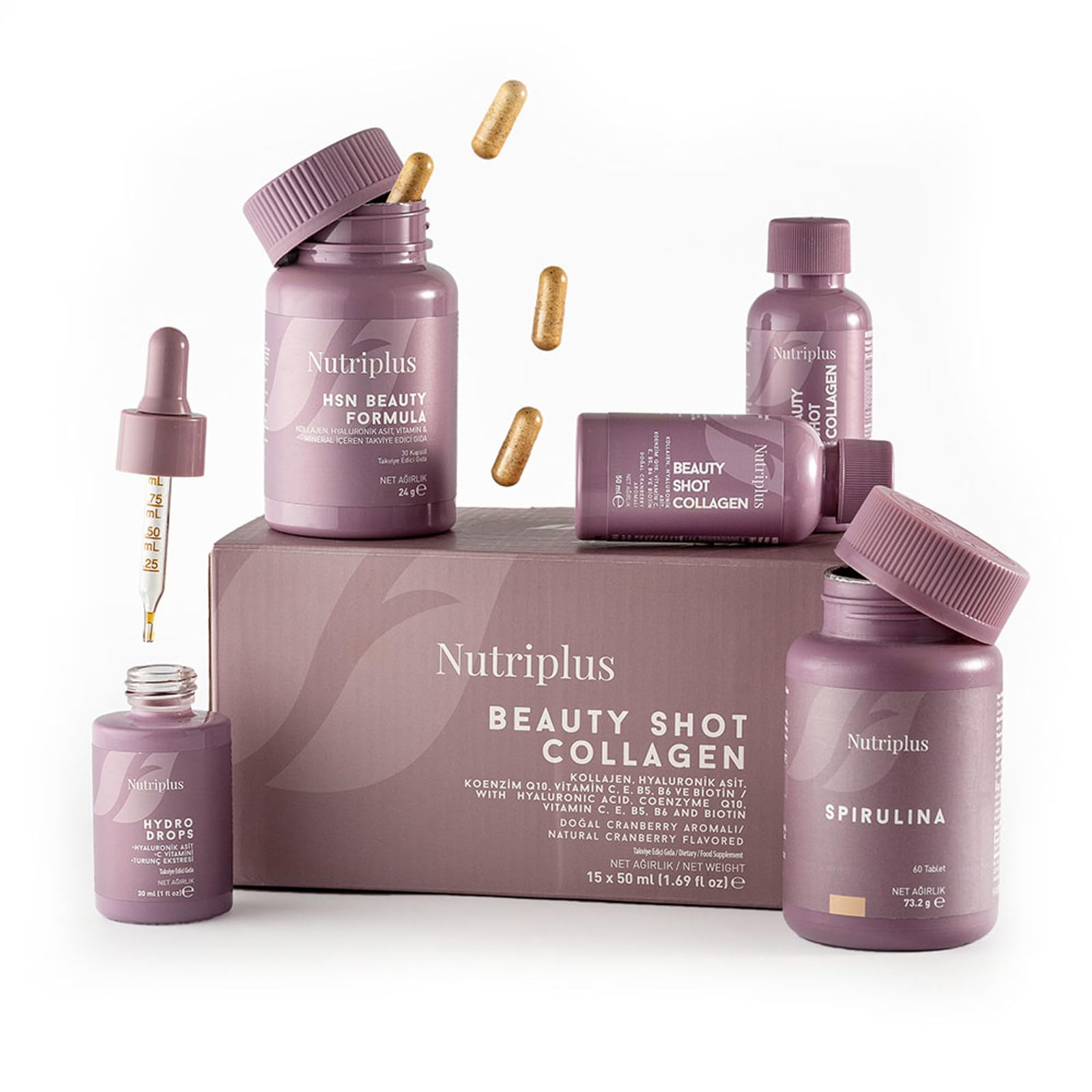FARMASi Nutriplus Anti-Age Complex Mini Compact Anti-Aging Supplement Set with Collagen Drink Hydro Drops Spirulina HSN Beauty Formula