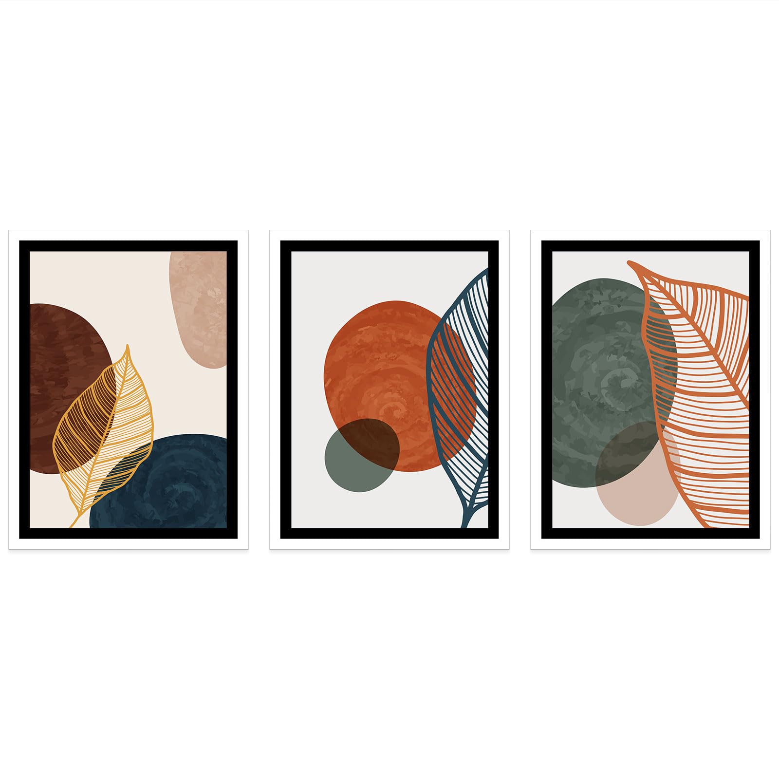 Set di 3 poster/poster trittico – Fogli Boho – Bordo nero – 3 poster – 70 x 100 cm (cornici non incluse)
