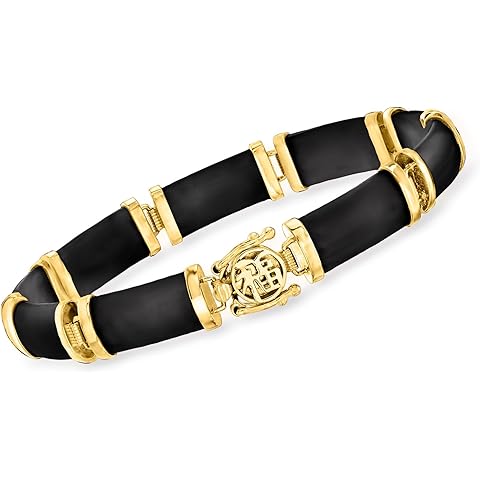 Ross-Simons Black Agate Good Fortune Bracelet in 18kt Gold Over Sterling