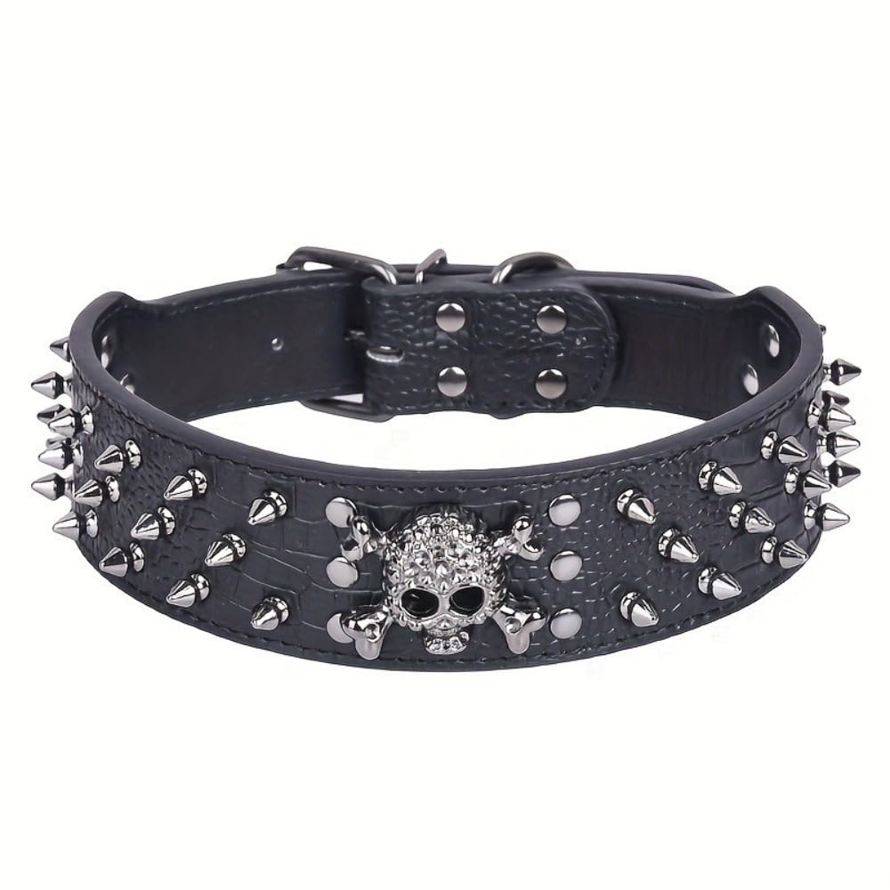 Skull Rivet Pet Collar,Sharp Spiked Studded Dog Collar,Stylish Leather Halloween Dog Collar for Medium & Large Dogs Pitbull,Labrador,Boxer (Black 2, XL(Neck21-24in))