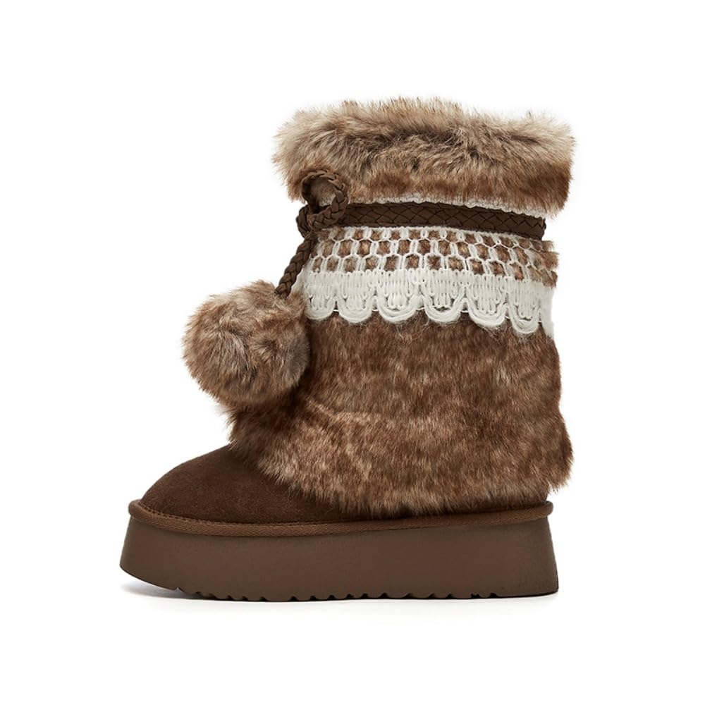 Fur Boots Y2K for Women Round Toe Flat Plush Snow Boots with Cute Pom-Poms and Lace Trim Cozy