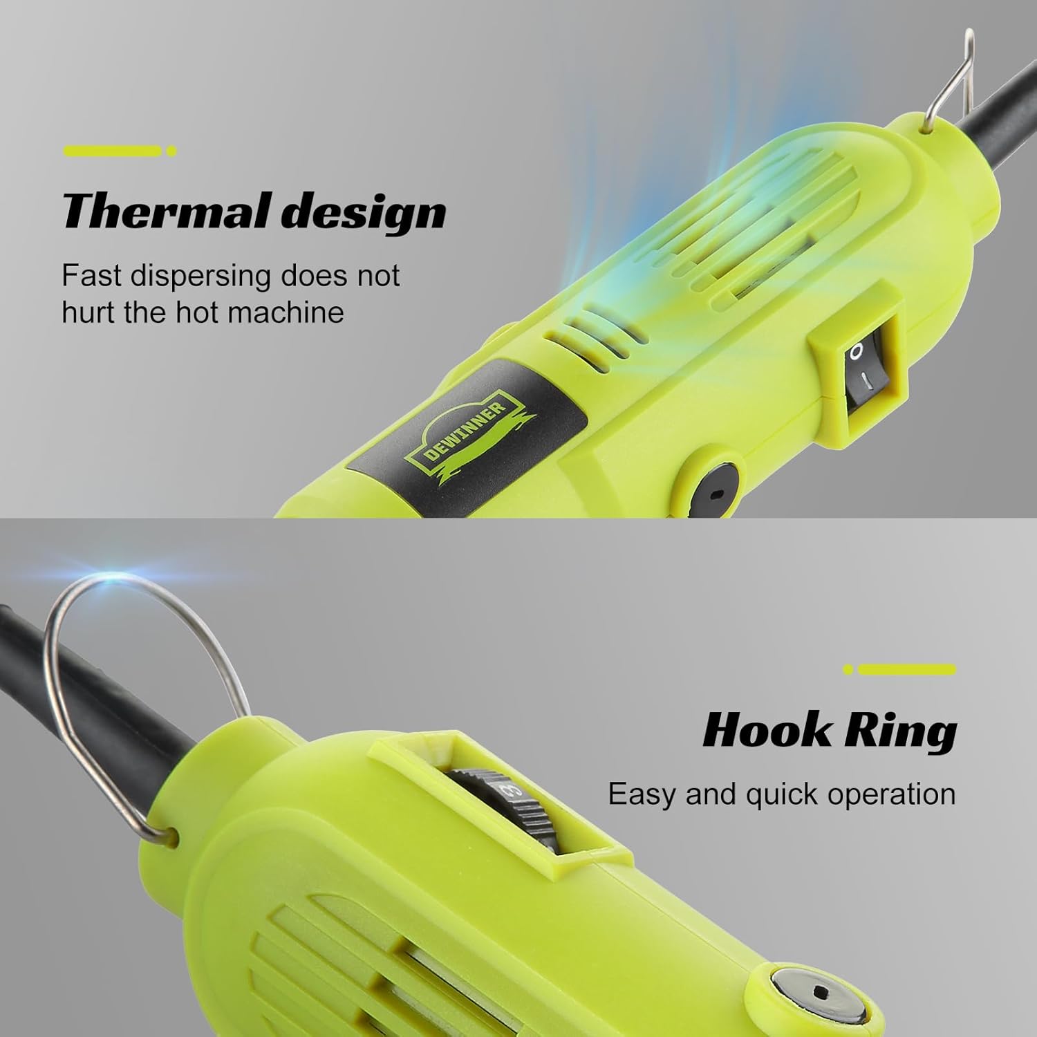 DEWINNER Mini Electric Rotary Tool showing thermal design and hook ring