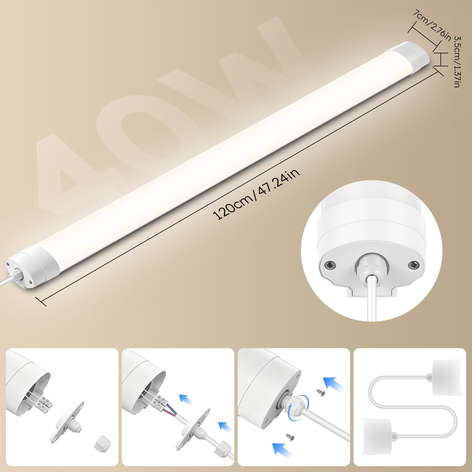 LED Feuchtraumleuchte 120CM 40W 4400LM Verlinkbar Feuchtraumlampe 4500K, IP65 Wasserdicht Kellerleuchte, LED Werkstatt Deckenleuchte für Keller, Garage, Lager, Büro 8 Stück