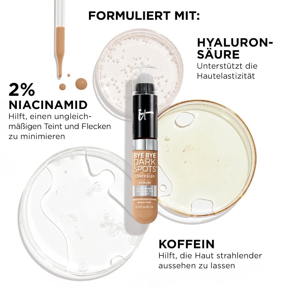 IT Cosmetics, Bye Bye Dark Spots Concealer-Serum, mittlere Abdeckung, anpassbar, angereichert mit Niacinamid, Hyaluronsäure & Koffein, 6,7 ml