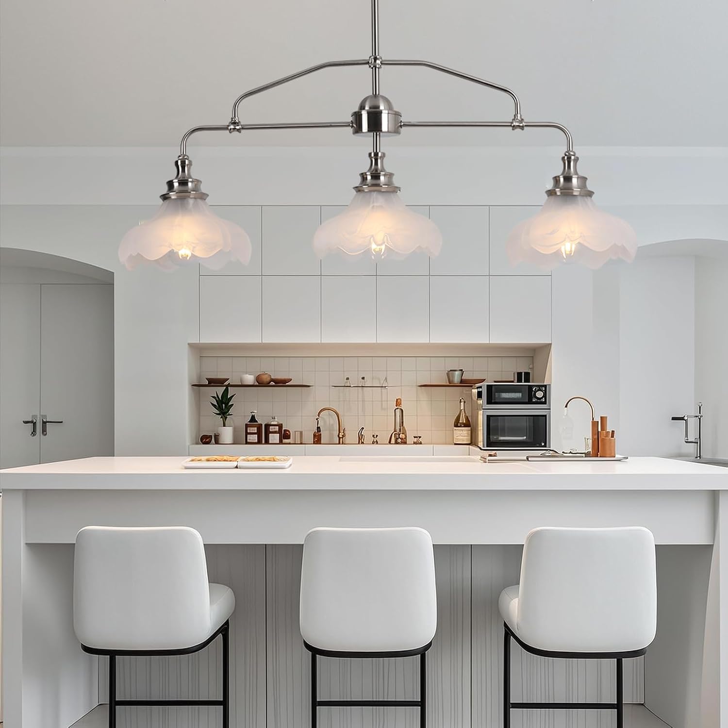 32.5" Modern Kitchen Island Lights with Alabaster Glass Shade, 3-Light Dining Room Lighting Fixtures Hanging, Transitional Multi Pendant Lighting, Brushed Nickel Finish