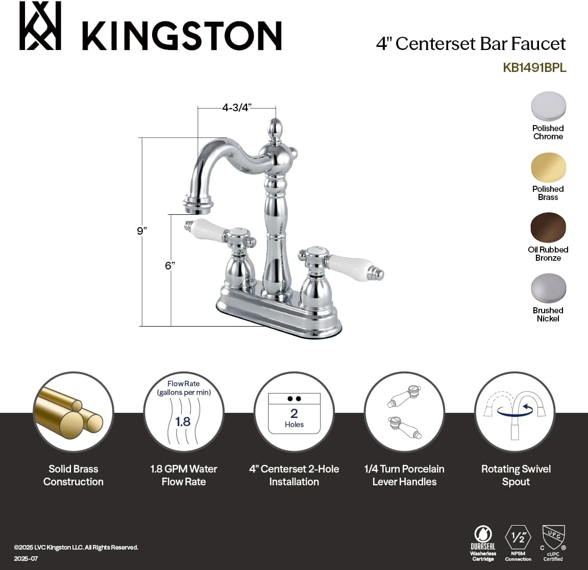 Kingston Brass KB1498BPL Bel Air 4 inch Centerset bar Faucet, 4-3/4 inch In Spout Reach, Brushed Nickel