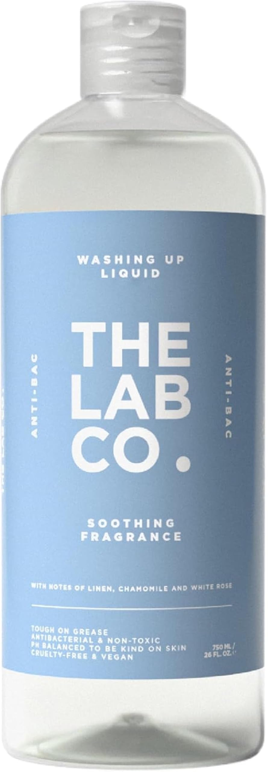 The Lab Co. Antibacterial Washing Up Dishwashing Liquid | Tough on Grease Dish Soap | Gentle on Hands | Plant-Based Formula | 750ml | Soothing Scent Linen Chamomile White Rose