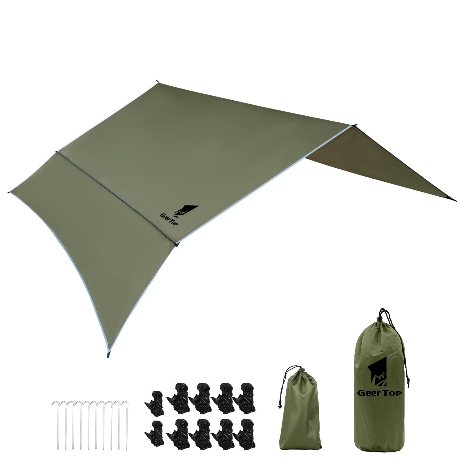 GEERTOP Tarp Wasserdicht, 3×3.6m Ultraleicht Camping Zeltplane, Anti-UV Schutz Sonnen & Regen & Schnee, Mit Ösen, Aluminiumstifte, Nylonseile, Leicht tragbar für Hängematte Camping Picknick Wandern