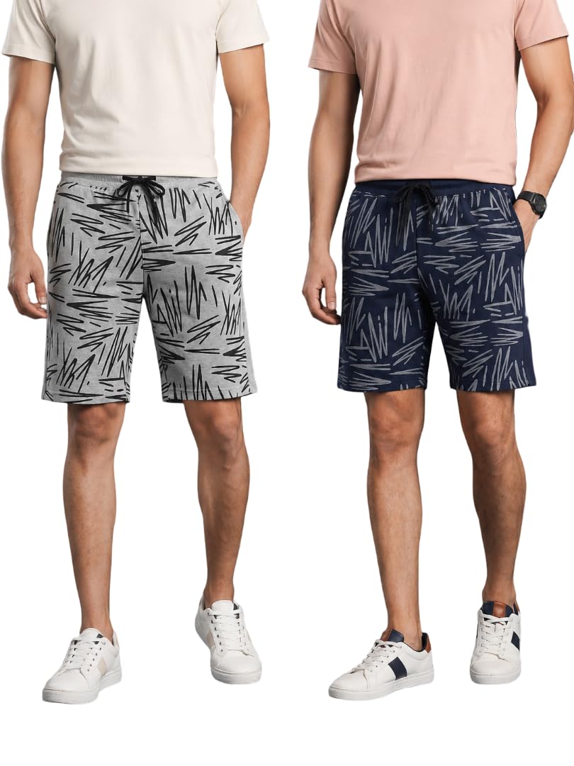 L N Creation Mens Grey-Black Printed Cotton Shorts Combo (Pack of 2) | Comfortable Casual & Loungewear Shorts | Soft Breathable Lounge & Sleepwear Shorts with Drawstring & Pockets-image-47