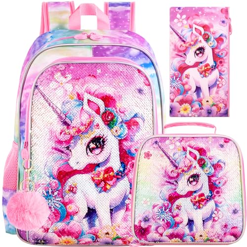 Image of HPJGD 3PCS Unicorn Backpack for Girls, Water Resistant Kids Sequins Bookbag Set with Lunch Box,Cute Elementary School Bag for Preschool Toddler