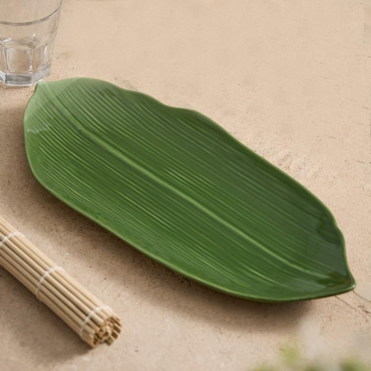 Assiette à Sushi Facile à Nettoyer Forme Feuille Naturelle en Céramique Verte 37cm pour Service Alimentaire Restaurants et Hôtels
