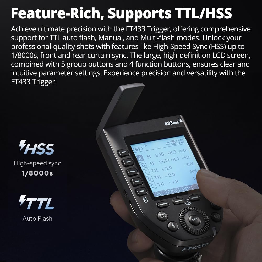 Godox FT433 N FT433-N TTL - Trigger flash wireless per fotocamere Nikon 433 MHz, 1/8000s, 0-100 m, schermo LCD, 32 canali, 1-99 ID, sincronizzazione anteriore e posteriore