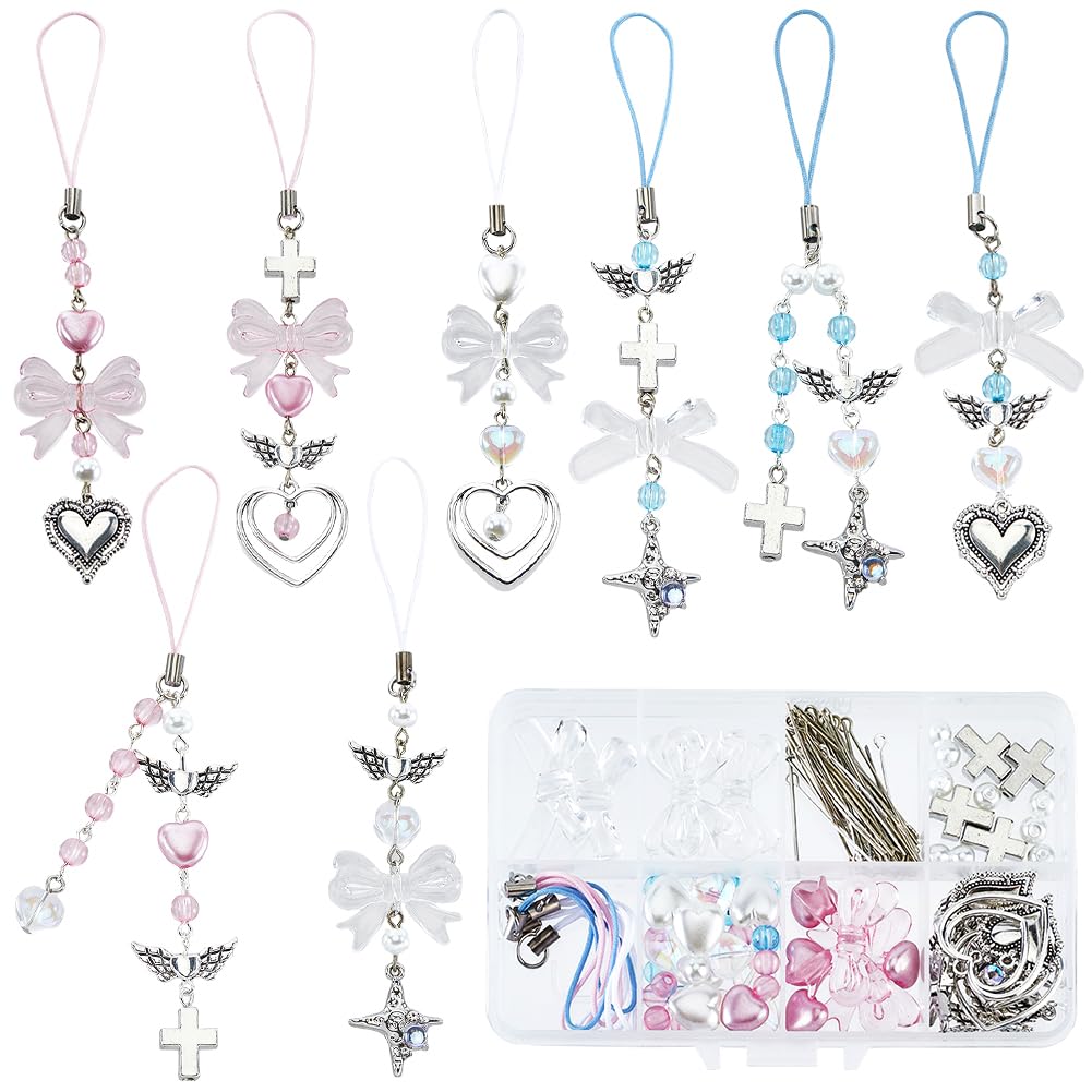 SUNNYCLUE 1 Box 154Pcs DIY 8 Sets Phone Charm Making Kit Cute Bowknot Bow Knot Wing Heart Beads Phone Charms Phone Keychain Charm Cell Phone Charm for Women Adult Keychains Phone Case Bag Camera Decor