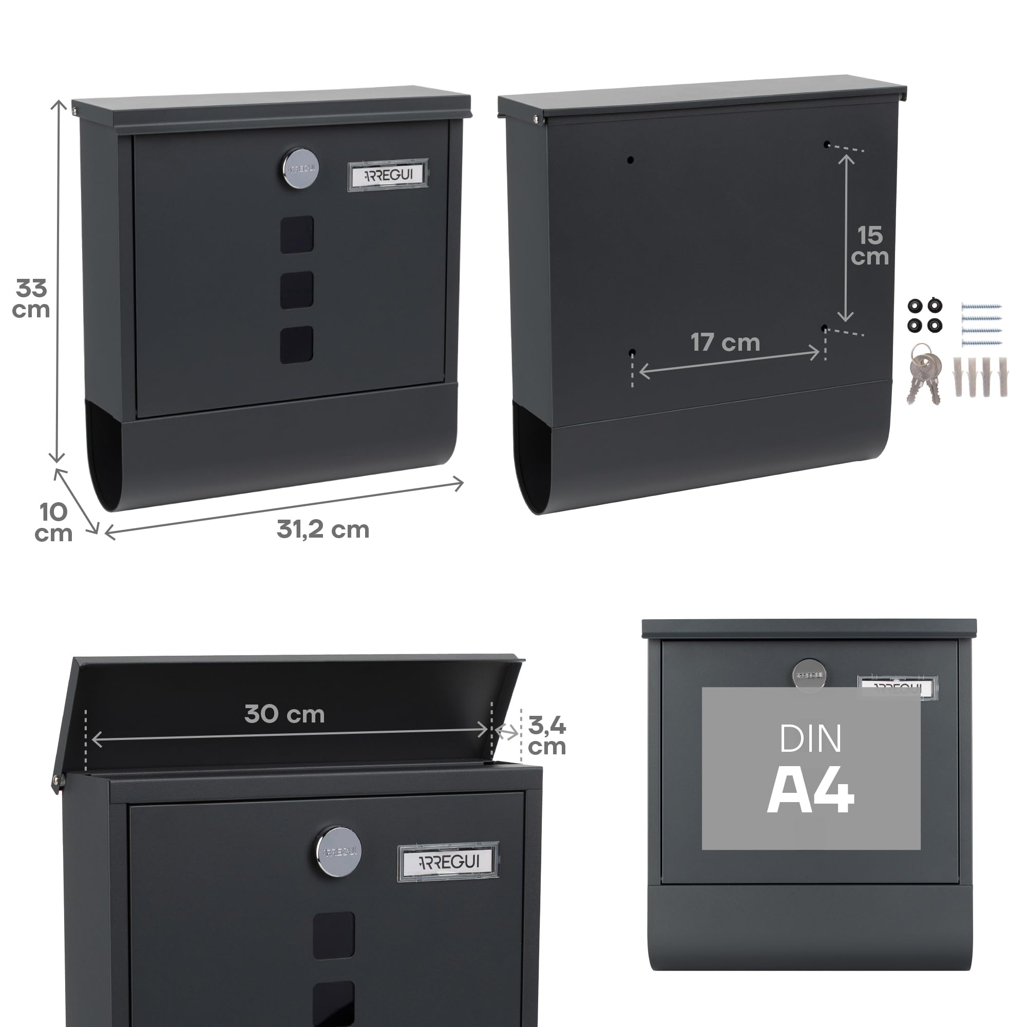 ARREGUI Chance E7005 Buzón Exterior de Acero con Portaperiódicos, Tamaño M (DIN A4), Buzón de Correo con Cerradura Tapada, Tarjetero y Soporte para Periódicos, Buzón de Pared Mediano, Antracita