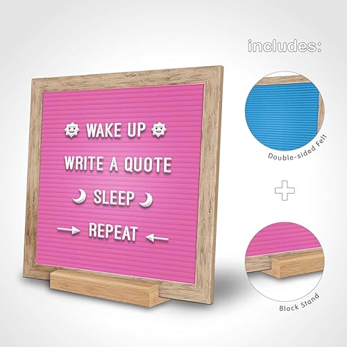 Miniatura 5 de Tablero de letras de fieltro de doble cara rosa y azul de 10 x 10 pulgadas, marco de madera de roble con letras blancas intercambiables para