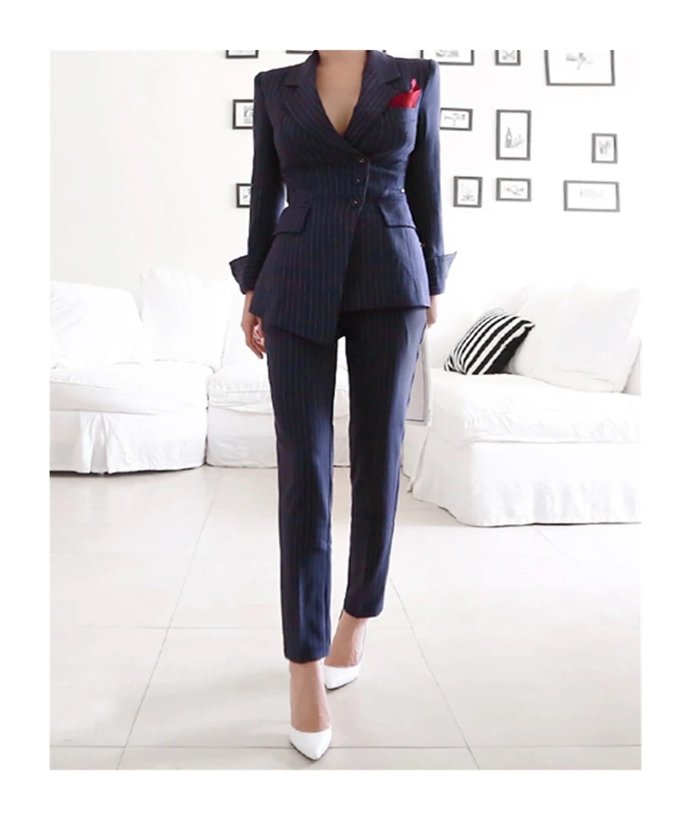 Conjuntos Formales de 2 Piezas for Oficina, Elegantes, for Mujer, con Temperamento a Rayas, un Solo Pecho, Pantalones y Abrigos para Negocios, Trabajo, Oficina, Formal