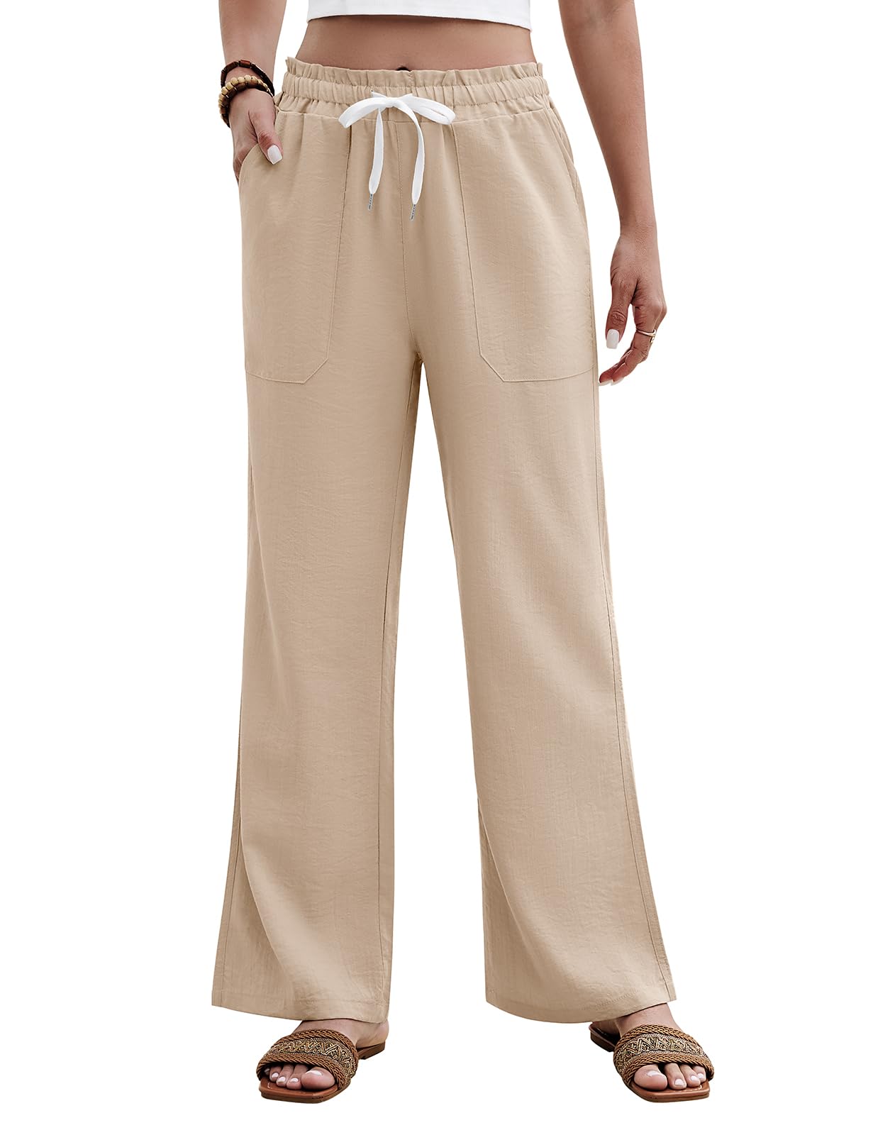 heekpek Hose Damen Sommer High Waist Hosen Elegant Locker Sommerhose Leicht Freizeithose Lang Strandhose Gerade Geschnitten Dünne Damenhose mit Taschen