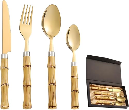 Juego de cubiertos de acero inoxidable dorado de 4 piezas, cubiertos de mango de bambú con soporte, incluye cuchillo tenedor, cuchara y cucharilla,