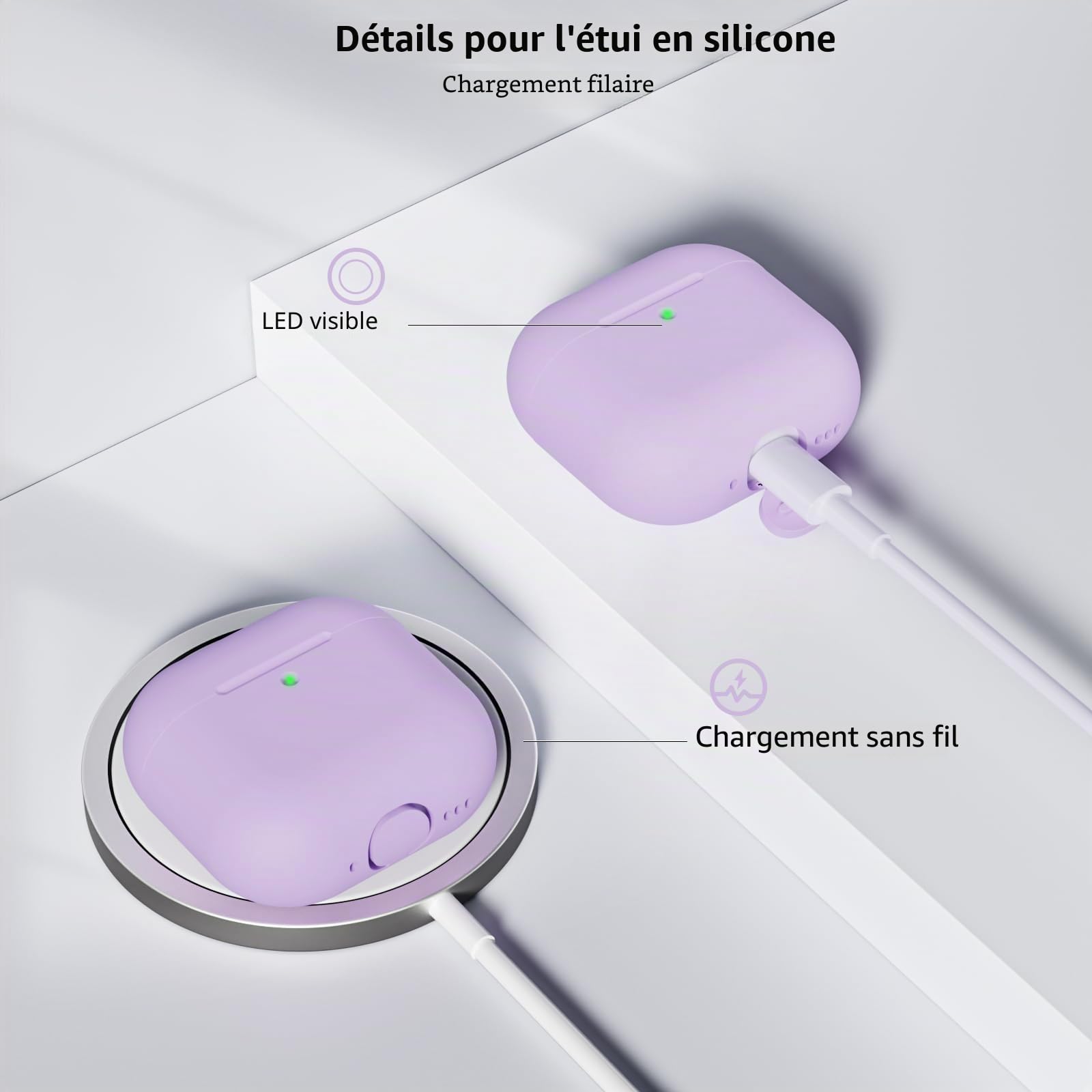 Coque Étui Protecteur Compatible avec AirPods 4 2024, LED Avant Peut être Visible, Housse en Silicone Anti-Choc Etui de Protection pour Airpods 4ᵉ Génération avec Kit de Nettoyage, Lavande