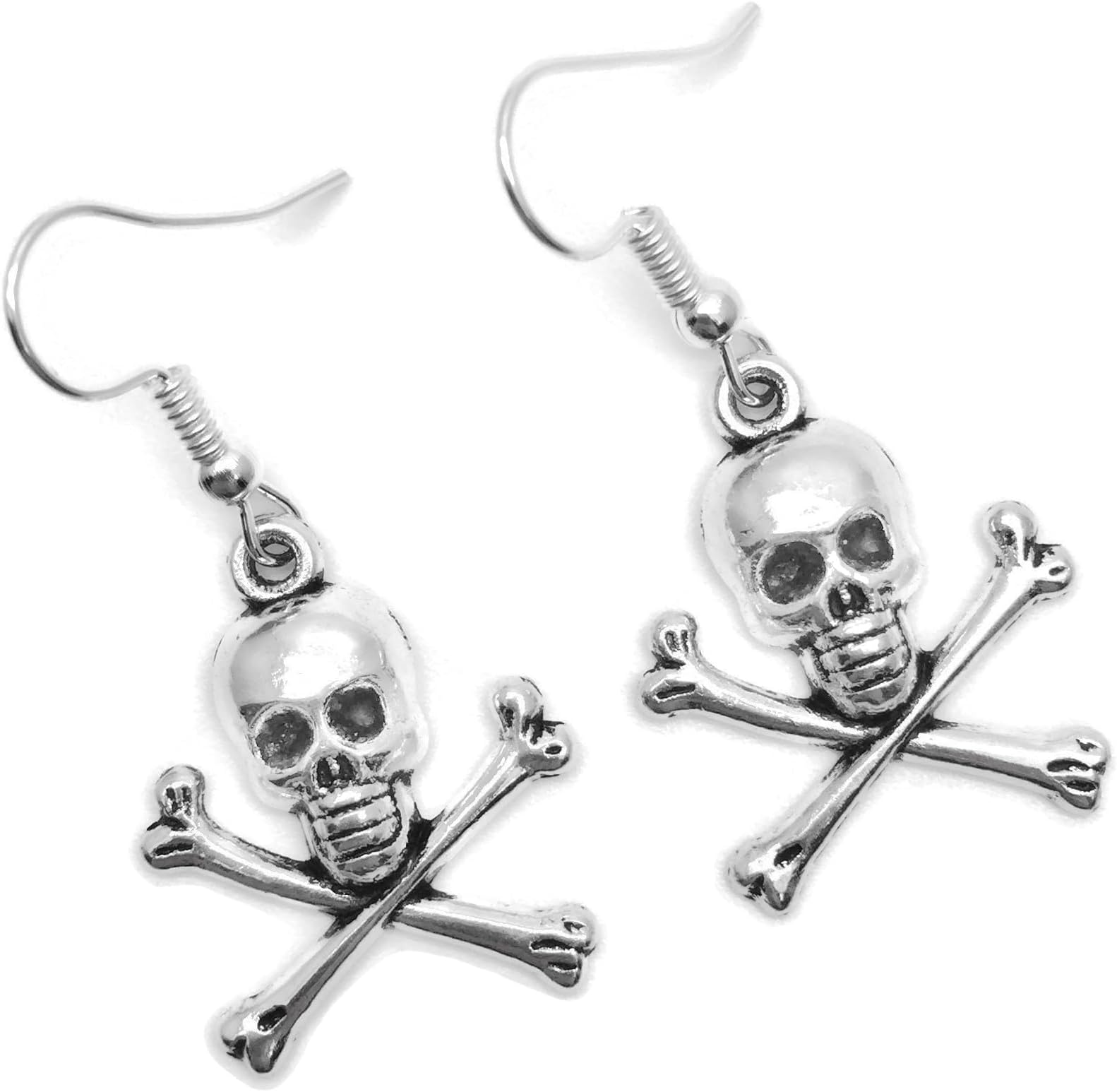 Skull and Crossbones Charm Earrings, Tibetan Silver Charms on Nickelfree Hooks : 40mm long, Fun Halloween Fancy Dress Jewellery, Spooky Skeleton Drop Earrings