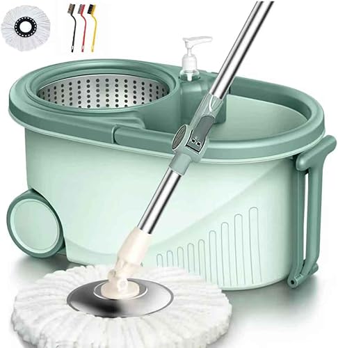 Trapeador giratorio de alta resistencia y cubo con juego de escurridor, cesta de acero y ruedas de gran tamaño, sistema de limpieza de 360 con mango