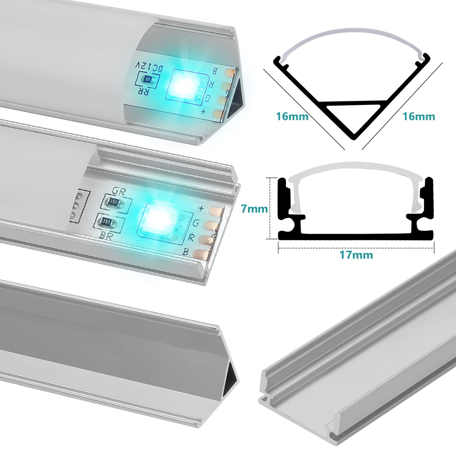 Profilo LED in alluminio, a forma di U, 10 x 1 m, striscia LED in alluminio, canali LED per strisce LED (fino a 12,5 mm di larghezza), con coperture in bianco latte