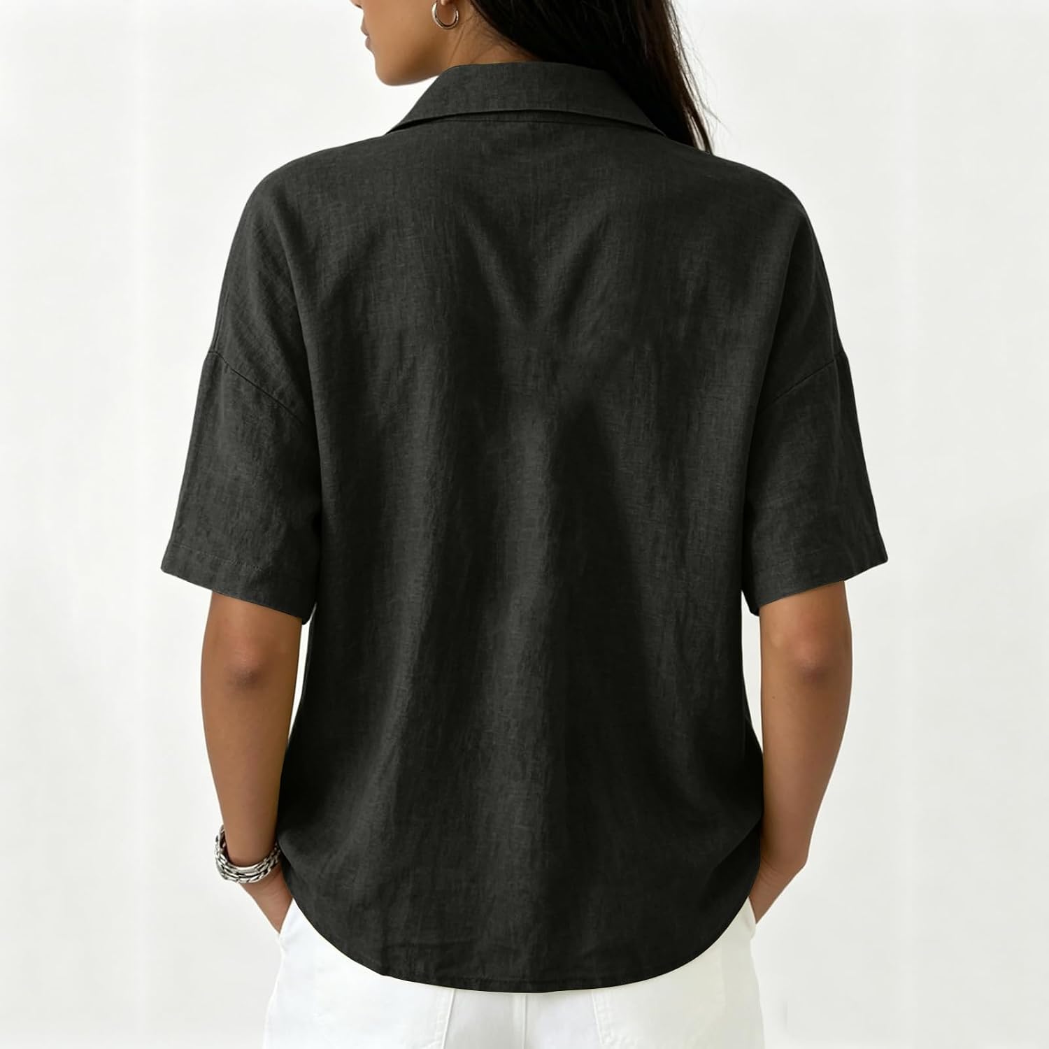 Linen Tops for Women Breathable Gauze Shirts Cotton Half Zip Summer Elbow Length Sleeve Blouses Casual Boho Shirts