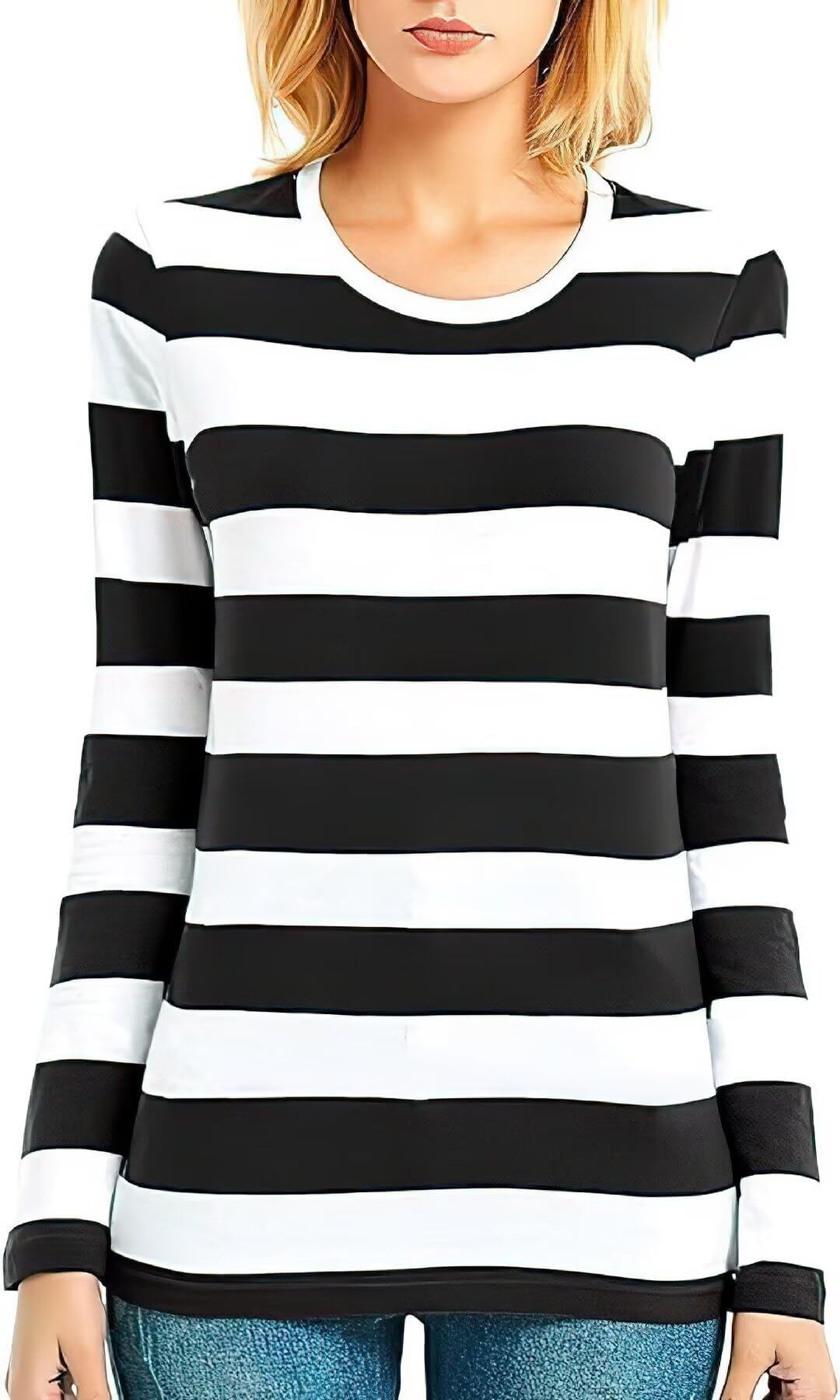 Zecmos Long Sleeve T Shirt Women Striped Tee Crew Neck Wide Stripes Tops Casual