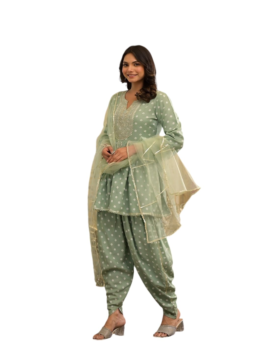 Stylum Women's Bandhani Printed & Embroidered Rayon Pleated Kurti With Dhoti Pant & Dupatta Set (Kpdgreenink34_Green, Xs)