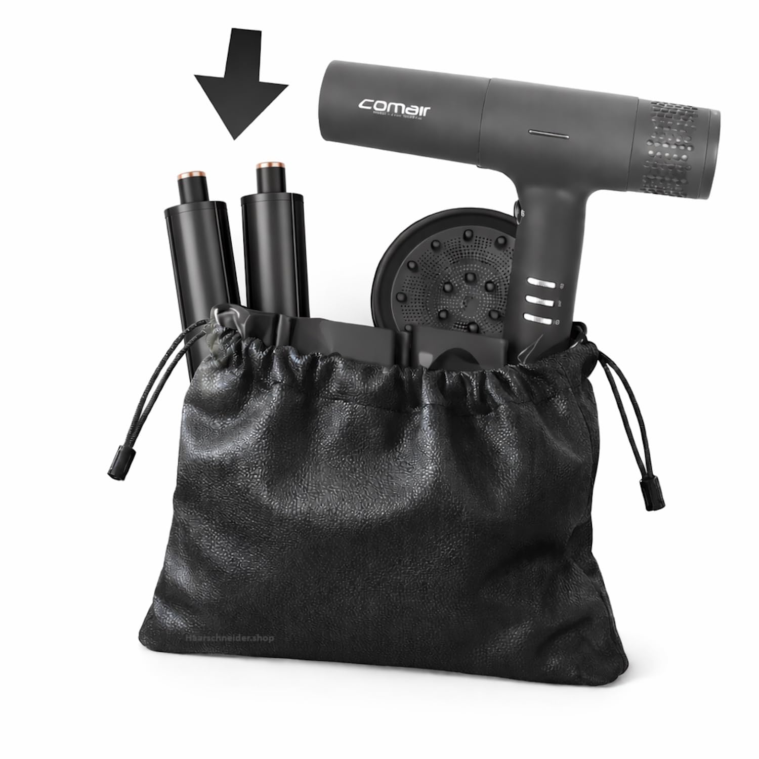 Comair T Magnetic Haartrockner Airstyler Hairtsyler + Rotschopf24 Tasche | Föhn mit BLDC High-Speed-Motor 110.000 U/min, 5 Magnetaufsätze, LCD, 1200 W und leiser Salonqualität