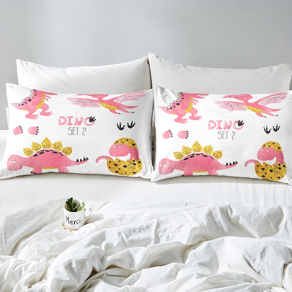 Juego de sábanas para niñas con Estampado de Dinosaurios para niños, Juego de sábanas con 2 Fundas de Almohada