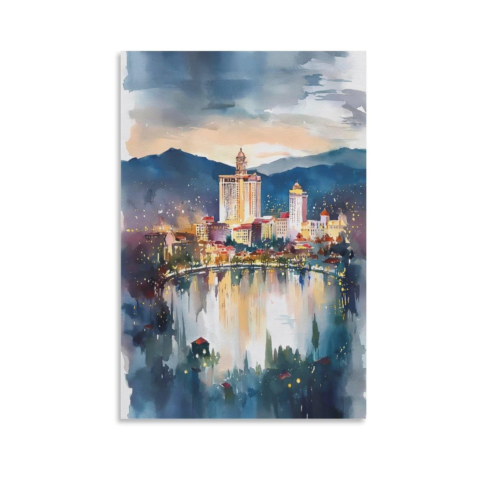 XWYMXZ Las Vegas Lake 20x30inch(50x75cm) Vintage Travel Poster Watercolor Canvas Art
