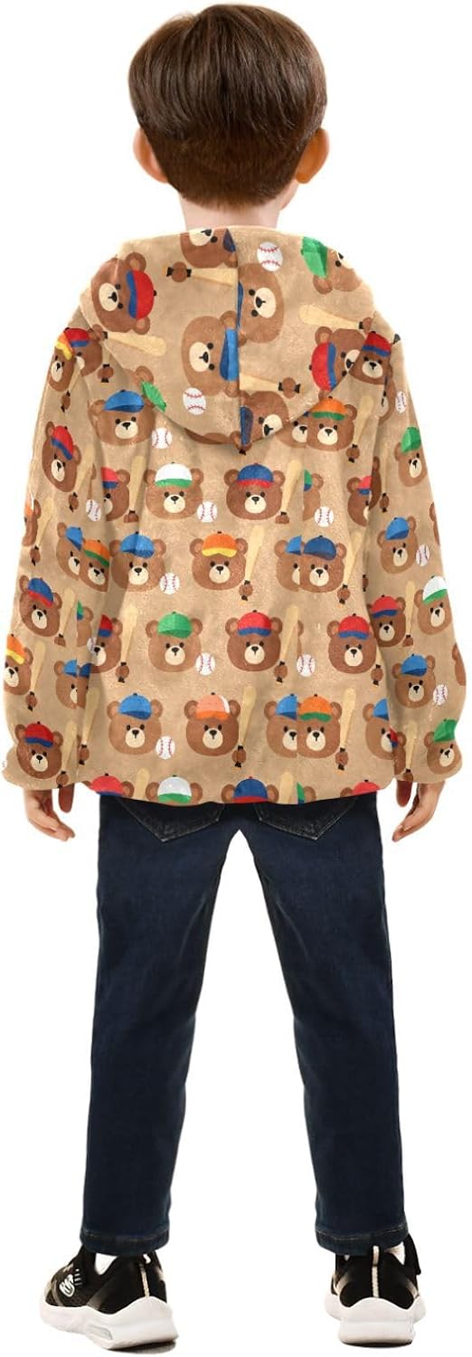 Baseball Bears with Bats Pattern Toddler Winter Jackets Children Plush Outerwear Navy Blue Baby Boy Clothes